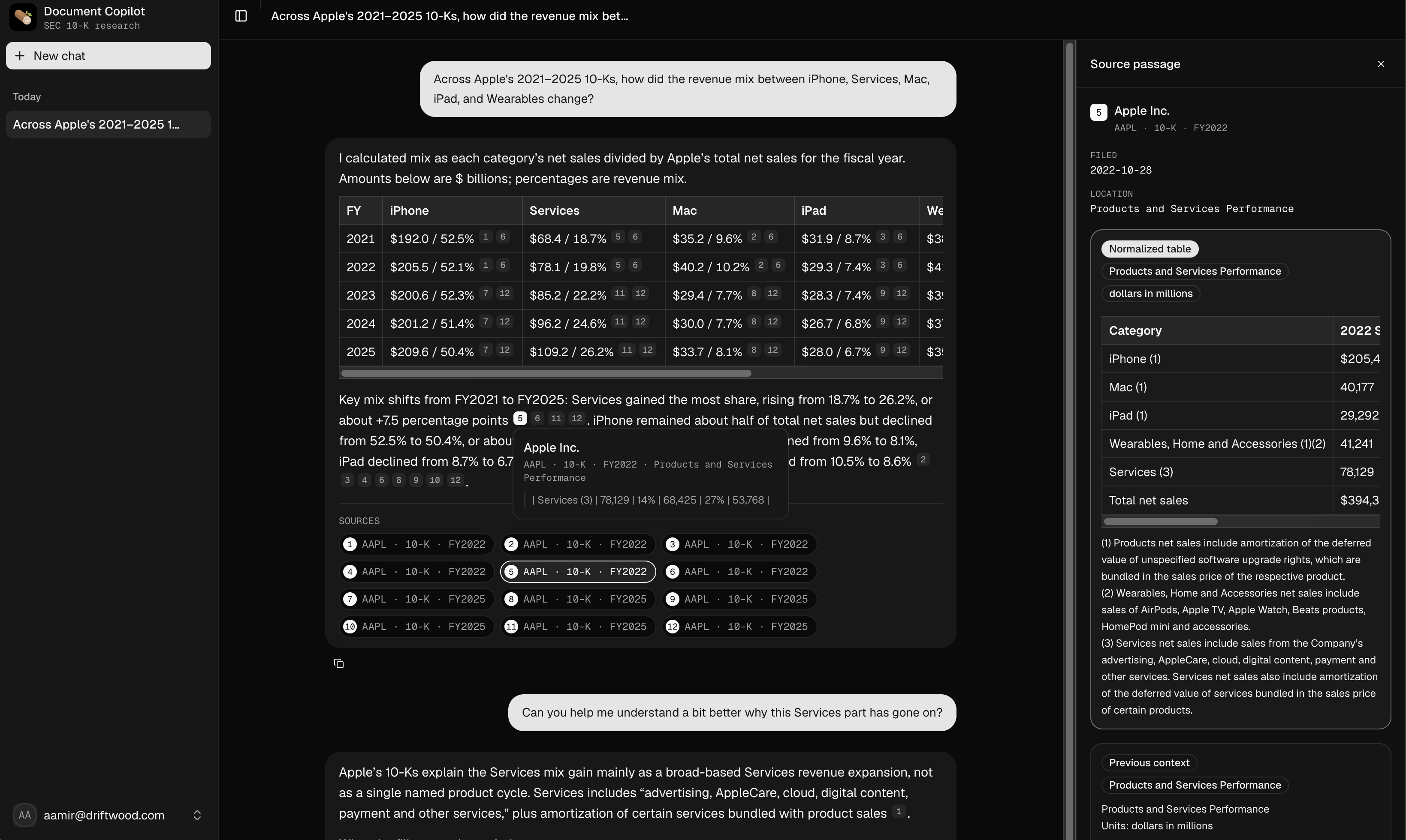 A cited answer with the source panel open: inline citation markers in the answer link to the panel on the right, which shows the exact extracted table the citation points to. Shown on the public SEC demo corpus.